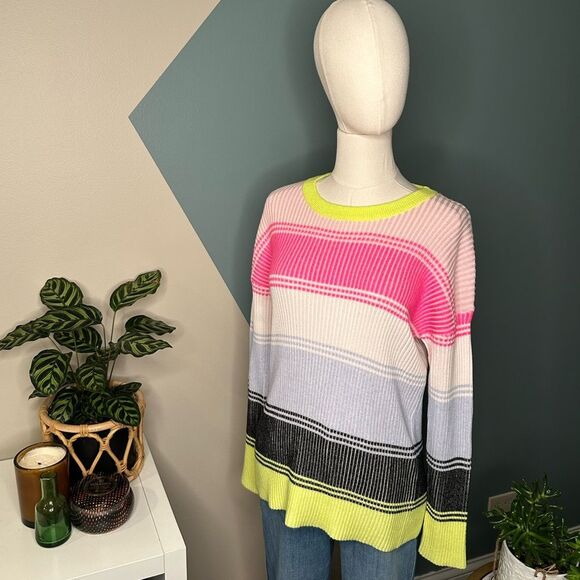 WISPR By Brodie Neon Pastel Colorblock Ribbed Knit Crewneck Striped Sweater M - Picture 2 of 10